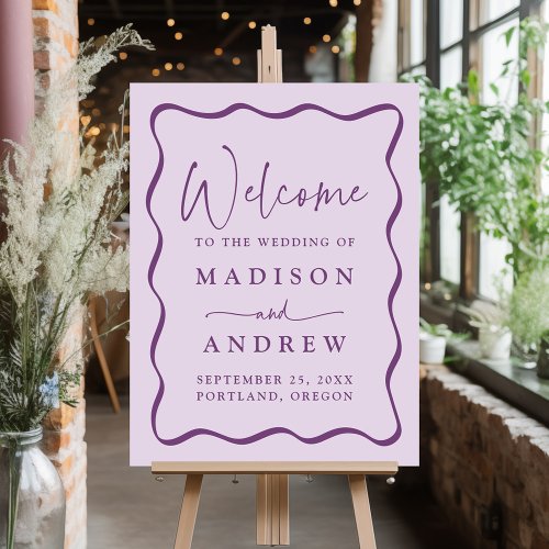 Modern Purple Wavy Frame Wedding Welcome Sign