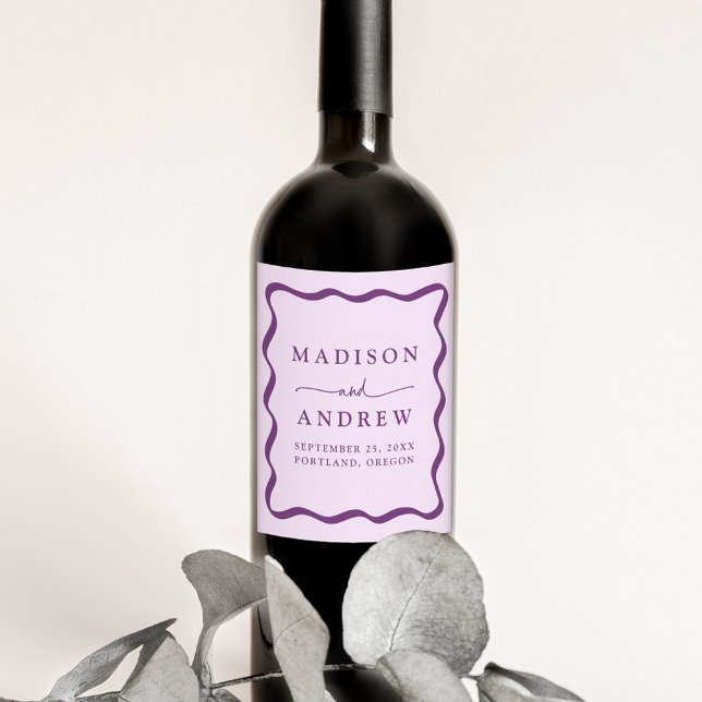 Modern Purple Wavy Frame Wedding Wine Label (Creator Uploaded)