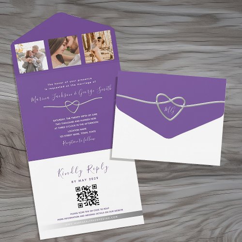 Modern Purple Wedding QR Code All In One Invitation