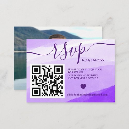 Modern Purple wedding rsvp Qr code photo Enclosure Card