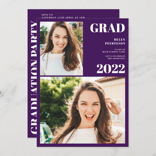 Modern purple white 3 photos graduation invitation (Front/Back)