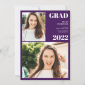 Modern purple white 3 photos graduation invitation (Front)