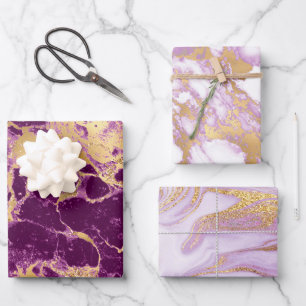 Modern Purple, White and Gold Marble Pattern Wrapping Paper Sheets