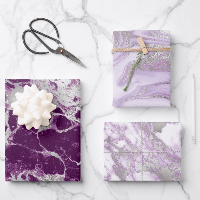 Modern Purple, White and Silver Marble Pattern Wrapping Paper Sheets (Front)