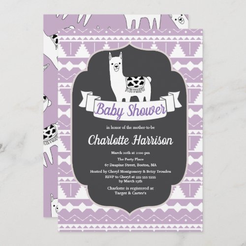 Modern Purple  White Aztec Llamas Baby Shower Invitation