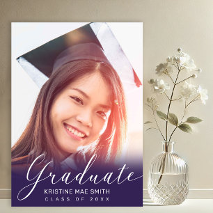 Modern Purple White Calligraphy Photo Graduation  Invitation