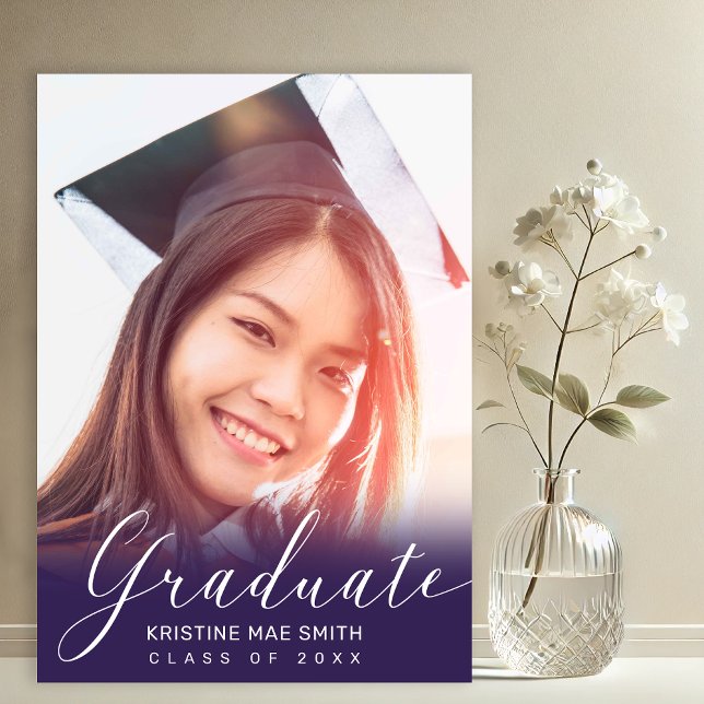 Modern Purple White Calligraphy Photo Graduation  Invitation (Purple with White Calligraphy Script Photo Graduation Announcement and Party Invitation)