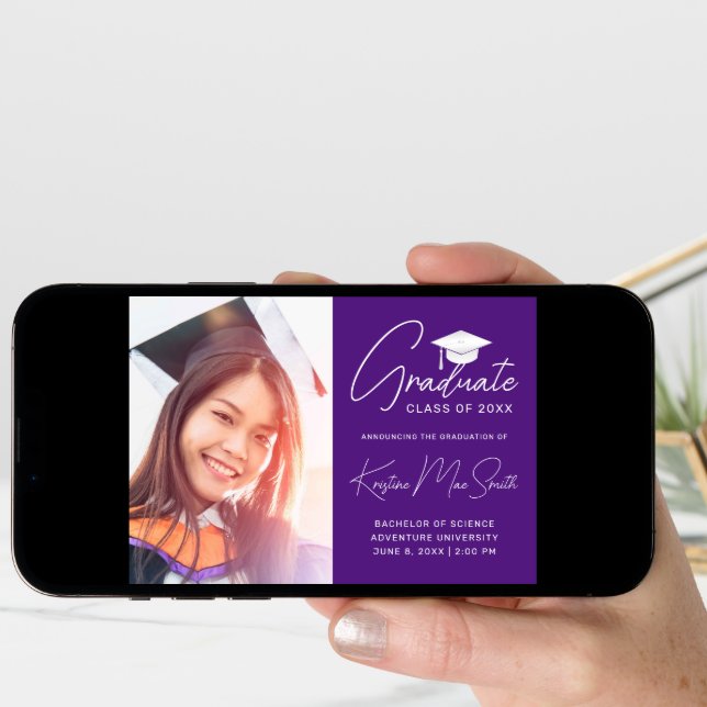 Modern Purple White Cap Photo College Graduation Announcement (Front Digital)