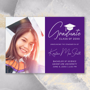 Modern Purple White Cap Photo College Graduation Announcement
