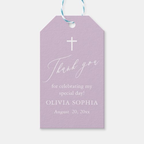 Modern Purple White Cross Girl Baptism Favor Tags