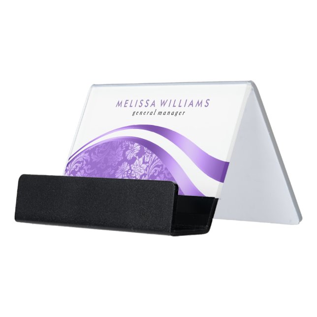 Modern Purple & White Damasks Geometric Design Des Desk Business Card Holder (Angled Front)