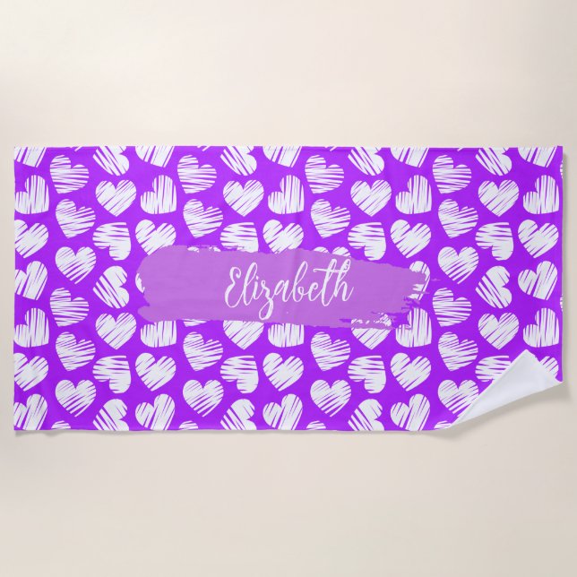 Modern Purple White Doodled Heart Valentine Name Beach Towel (Front)