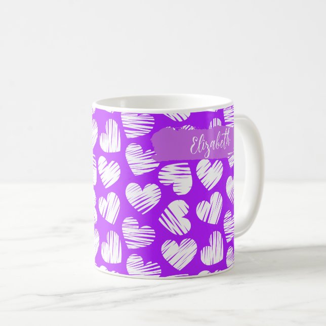 Modern Purple White Doodled Heart Valentine Name Coffee Mug (Front Right)