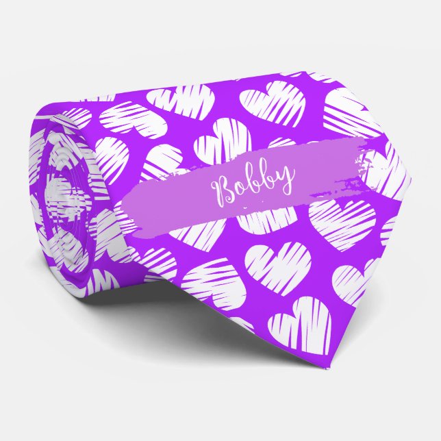 Modern Purple White Doodled Heart Valentine Name Neck Tie (Rolled)