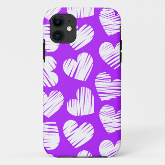 Modern Purple White Doodled Heart Valentine's Day iPhone 11 Case