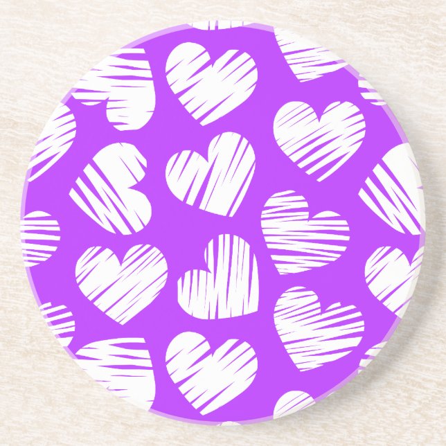 Modern Purple White Doodled Heart Valentine's Day Coaster (Front)