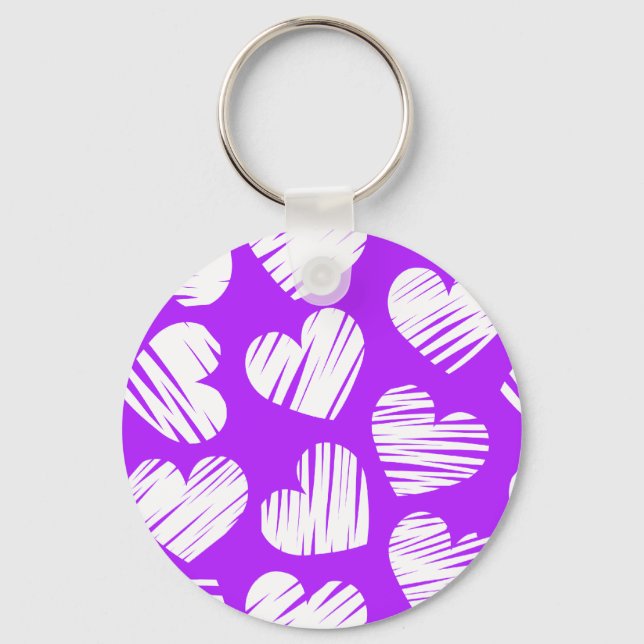 Modern Purple White Doodled Heart Valentine's Day Keychain (Front)