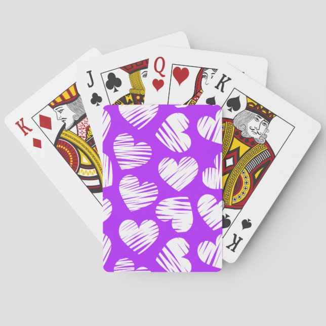 Modern Purple White Doodled Heart Valentine's Day Poker Cards (Back)