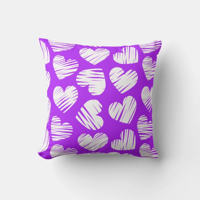Modern Purple White Doodled Heart Valentine's Day Throw Pillow (Front)
