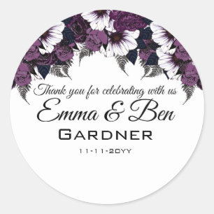Modern Purple White Floral Wedding Classic Round Sticker