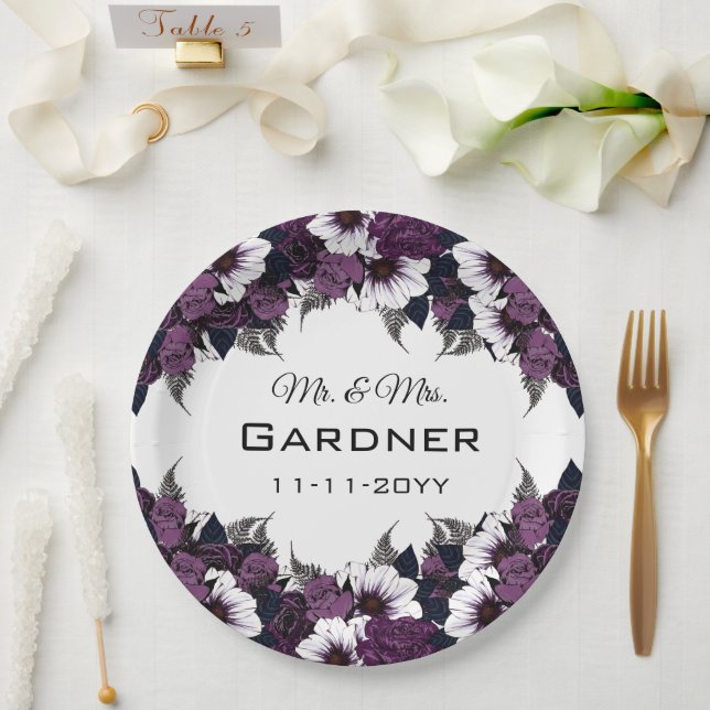 Modern Purple White Floral Wedding Paper Plates (Wedding)