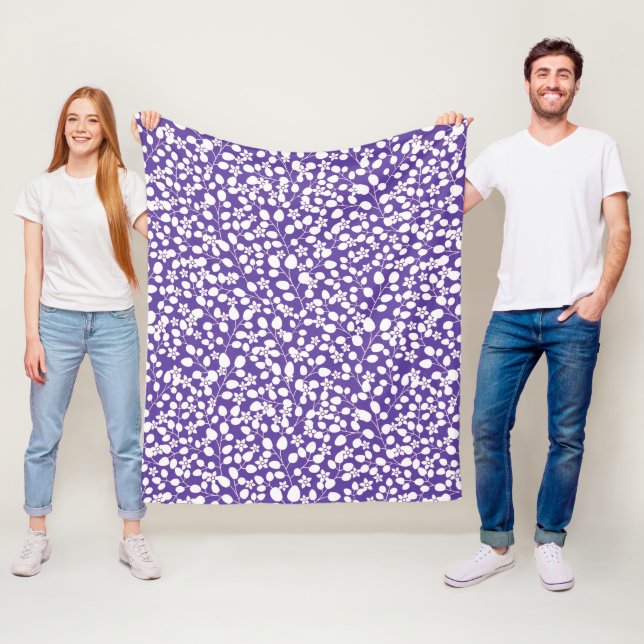 Modern Purple White Flowers Floral Branches Fleece Blanket (In Situ)