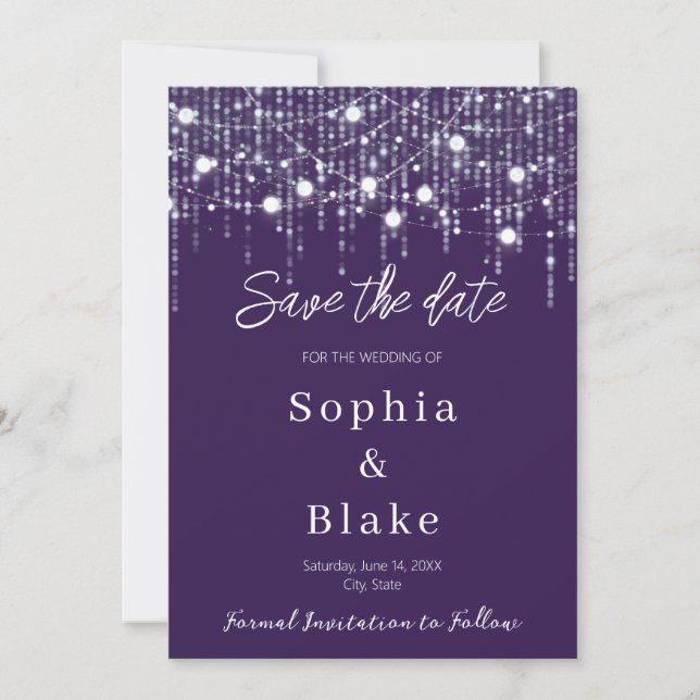Modern Purple& White Hanging Lights Save the Date  Invitation (Front)