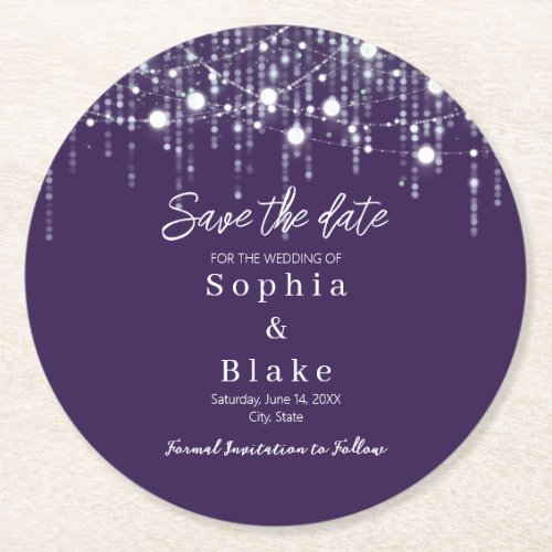 Modern Purple  White Hanging Lights Save the Date Round Paper Coaster