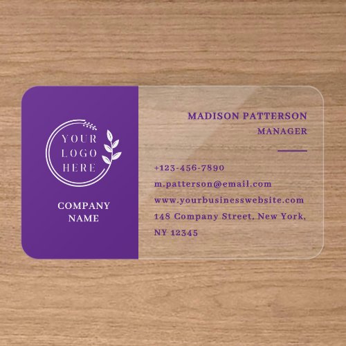 Modern Purple White Logo Branding Clear Business Cards