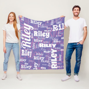Modern Purple White Name Repeat Typography Fleece Blanket