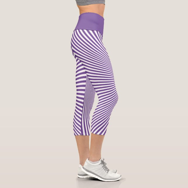 Modern Purple White Optical Illusion Stripes Yoga Capri Leggings (Right)