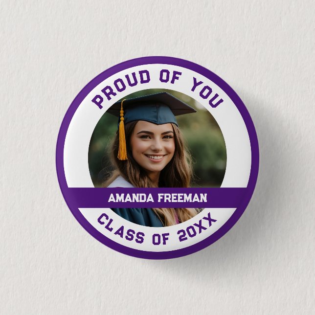 Modern Purple & White Photo Customized Graduation Button (Front)