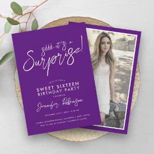 Modern Purple & White Photo Surprise Sweet 16 Invitation