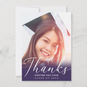 Modern Purple White Script Photo Graduation Thank You Card