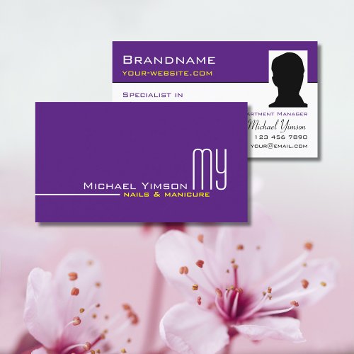 Modern Purple White Simple with Monogram and Photo Business Card