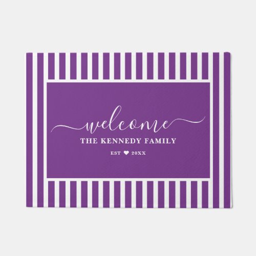 Modern Purple White Striped Family Name Welcome Doormat