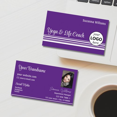 Modern Purple White Stripes with Logo and Photo Business Card