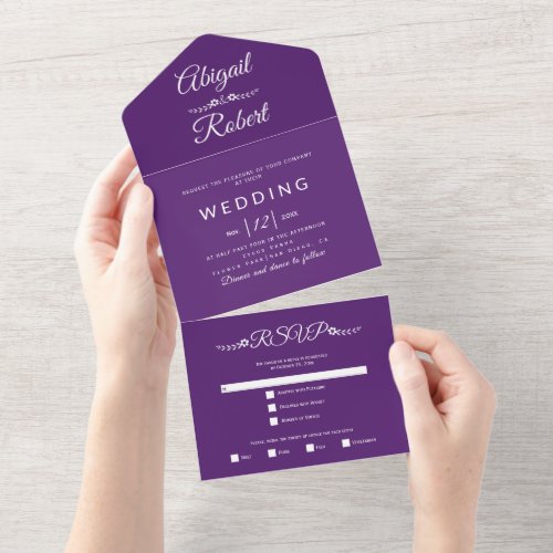 Modern purple white typography wedding   all in one invitation