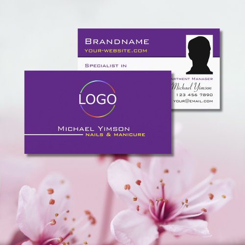 Modern Purple White with Logo  Photo Professional Business Card