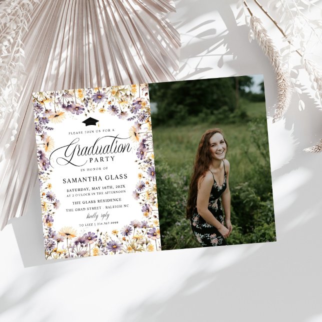 Modern Purple Wildflowers Photo Graduation Party Invitation (Creator Uploaded)