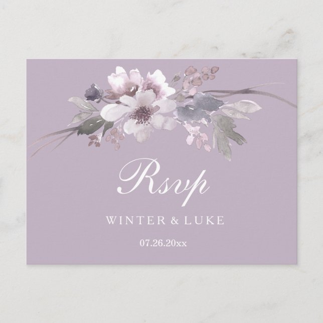 Modern Purple Winter Floral Wedding RSVP Postcard (Front)