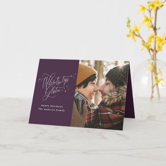 Modern purple winter forest multi photo Christmas Card (Yellow Flower)