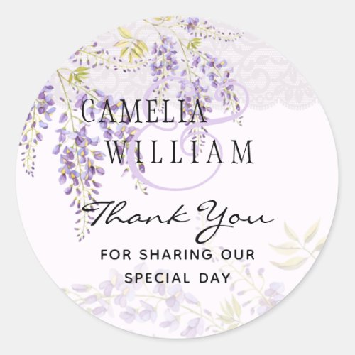 Modern Purple Wisteria Floral Lace Wedding Classic Round Sticker