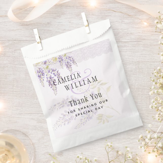 Modern Purple Wisteria Floral Lace Wedding Favor Bag (Clipped)