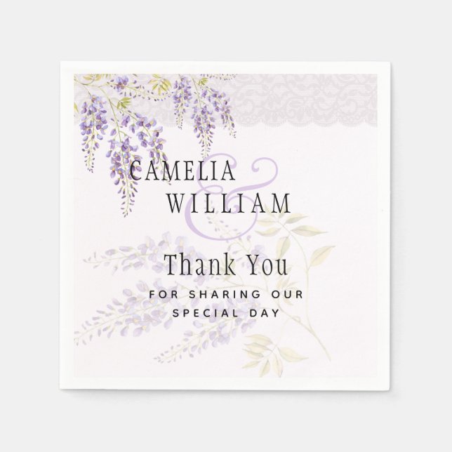 Modern Purple Wisteria Floral Lace Wedding Napkins (Front)