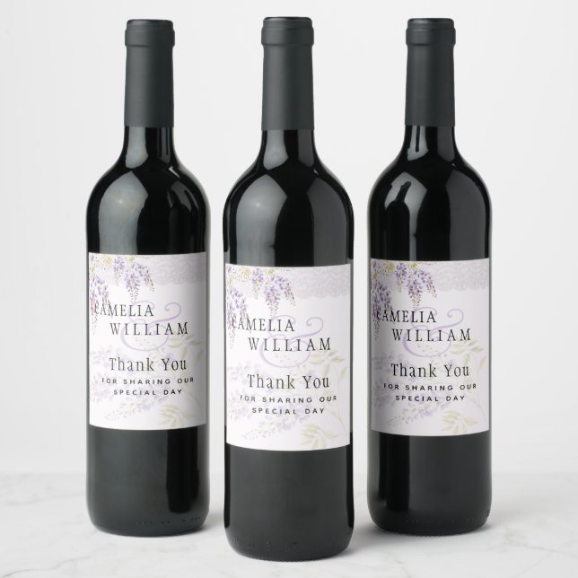 Modern Purple Wisteria Floral Lace Wedding Wine Label (Bottles)