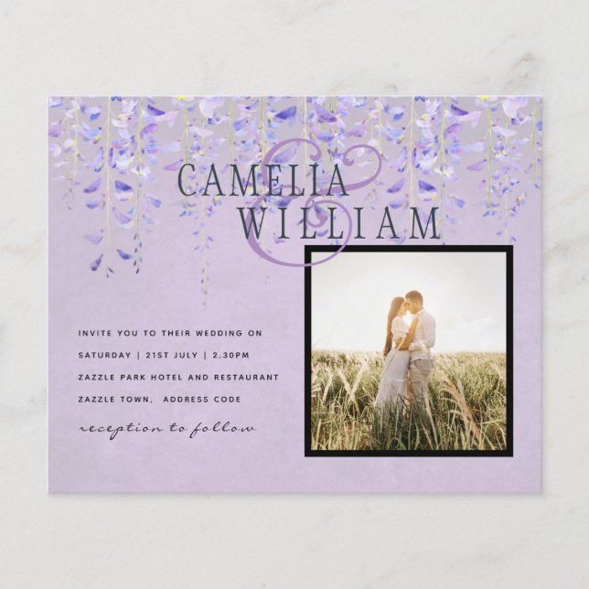 Modern Purple Wisteria Lace PHOT) Wedding INVITE (Front)