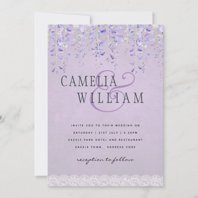 Modern Purple Wisteria Lace Wedding Invitation (Front)