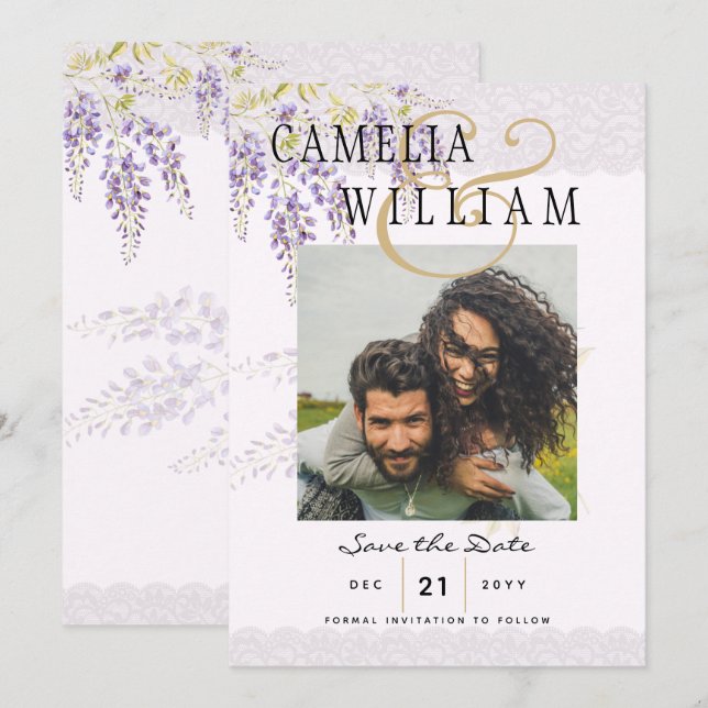 Modern Purple Wisteria PHOTO Wedding Save The Date Invitation (Front/Back)