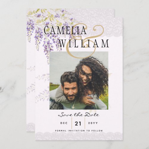 Modern Purple Wisteria PHOTO Wedding Save The Date Invitation